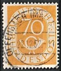 FRIMÆRKER VESTTYSKL. BUND: 1951 | AFA 1099 | Ny tegning - 70 pf. gul - Stemplet